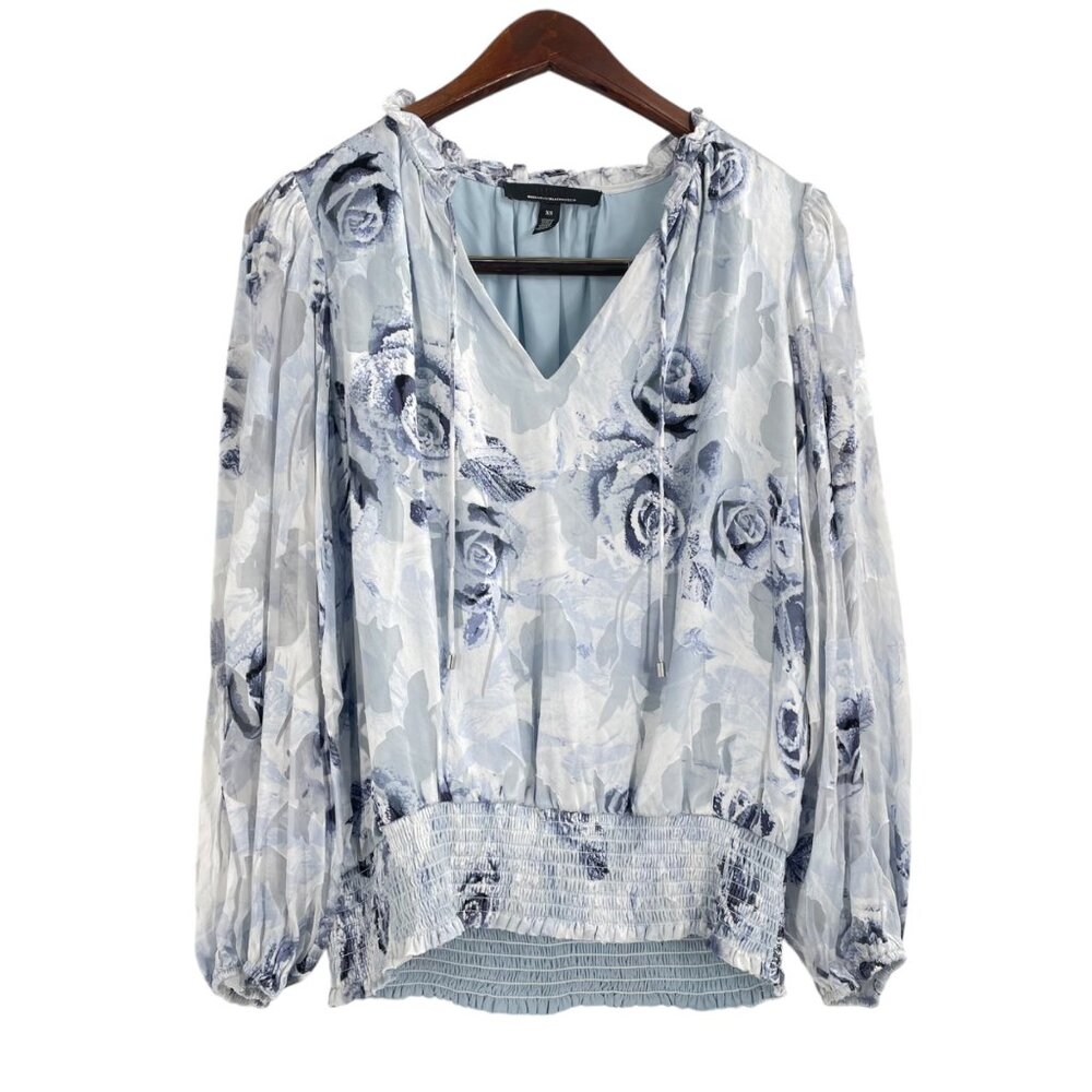 White House Black Market Blue Floral Silk Burnout Smocked Blouse Womens XS - Picture 2 of 9